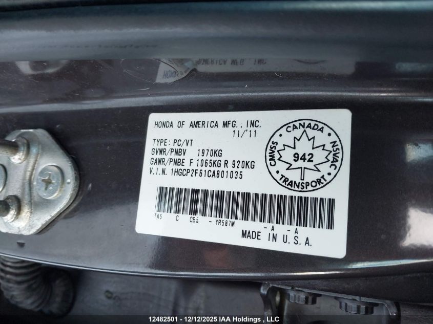 2012 Honda Accord Se VIN: 1HGCP2F61CA801035 Lot: 12482501