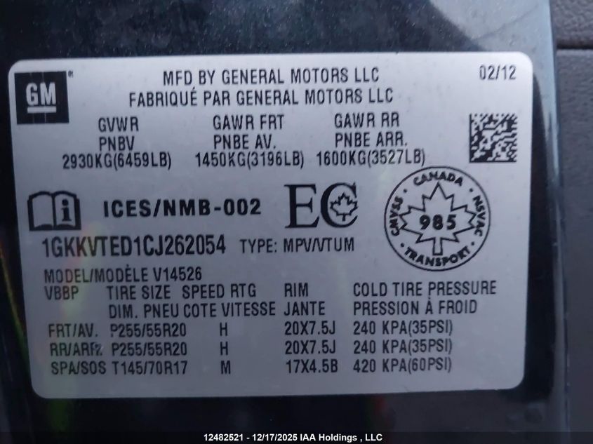 2012 GMC Acadia Denali VIN: 1GKKVTED1CJ262054 Lot: 12482521