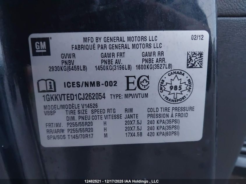 2012 GMC Acadia Denali VIN: 1GKKVTED1CJ262054 Lot: 12482521