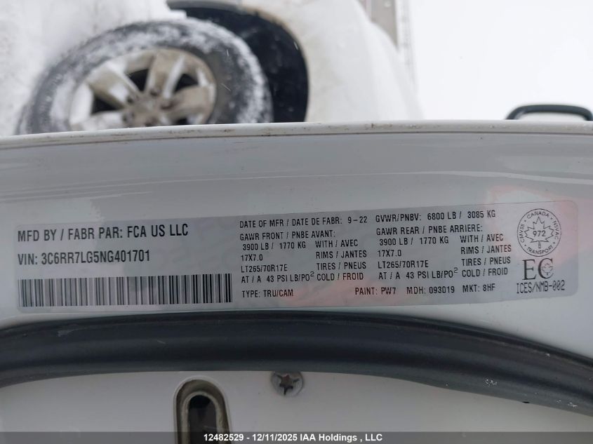 2022 Ram 1500 Classic Slt VIN: 3C6RR7LG5NG401701 Lot: 12482529