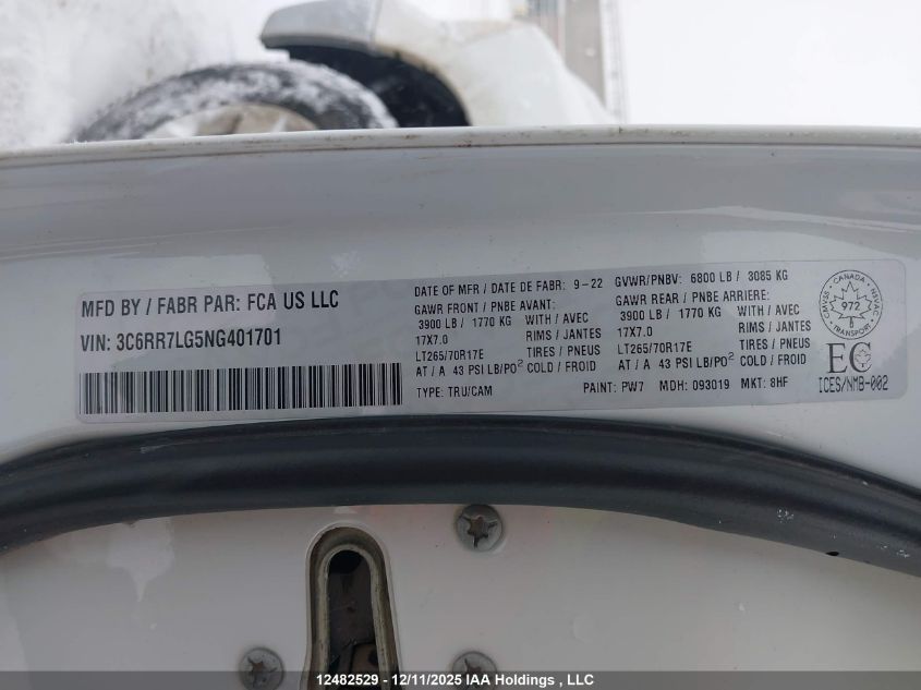 2022 Ram 1500 Classic Slt VIN: 3C6RR7LG5NG401701 Lot: 12482529