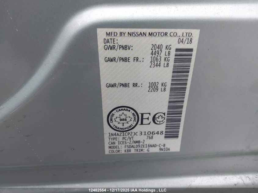 2018 Nissan Leaf S/Sl/Sv VIN: 1N4AZ1CP2JC310648 Lot: 12482554