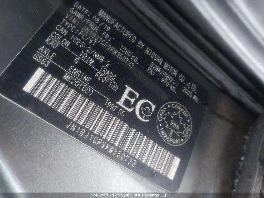 2019 Nissan Qashqai S/Sl/Sv VIN: JN1BJ1CR9KW350722 Lot: 12482557