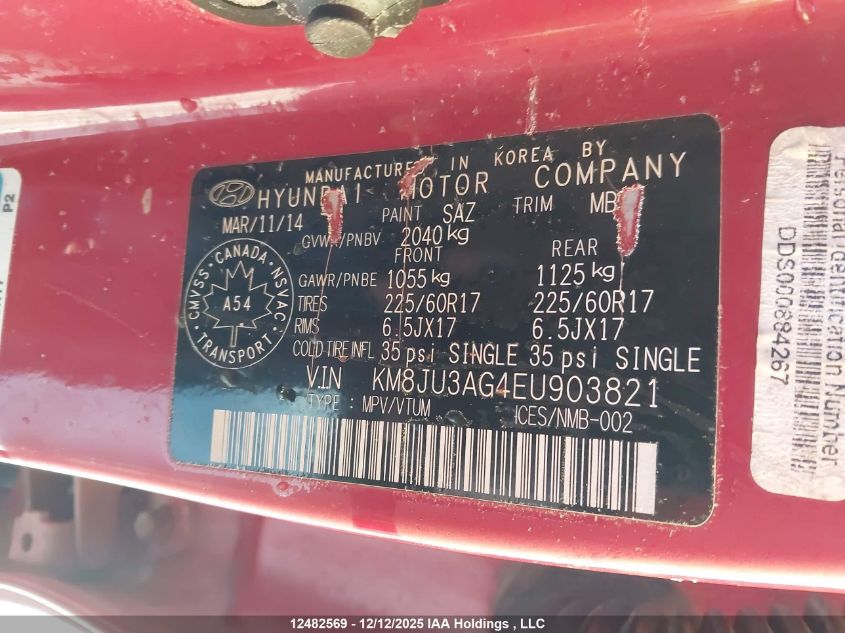 2014 Hyundai Tucson VIN: KM8JU3AG4EU903821 Lot: 12482569