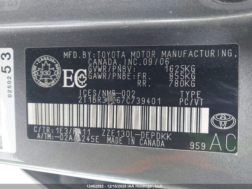 2007 Toyota Corolla Ce/Le/Sport VIN: 2T1BR32E67C739401 Lot: 12482582