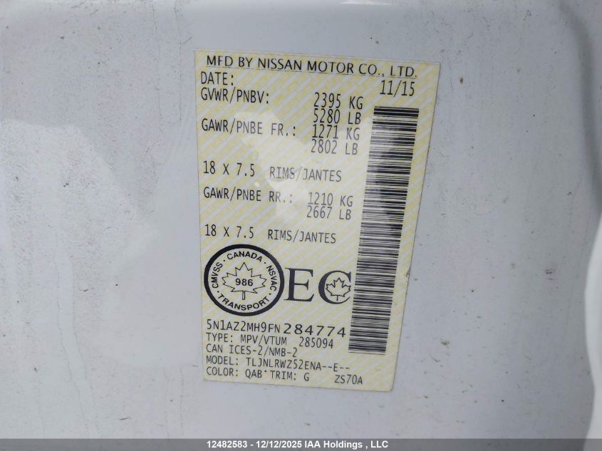 2015 Nissan Murano Platinum/Sl/Sv VIN: 5N1AZ2MH9FN284774 Lot: 12482583