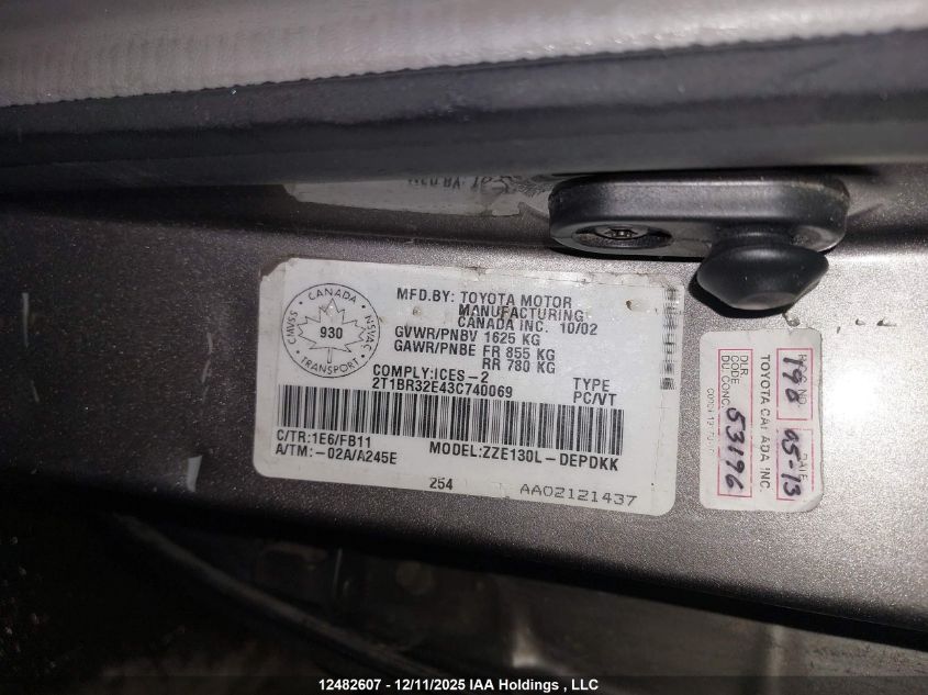 2003 Toyota Corolla Ce/Le/Sport VIN: 2T1BR32E43C740069 Lot: 12482607