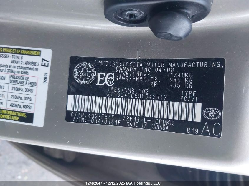 2009 Toyota Corolla S/Le/Xle VIN: 2T1BU40E99C042847 Lot: 12482647