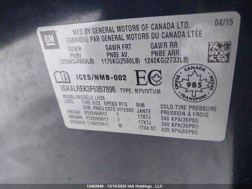 2015 GMC Terrain Sle-2 VIN: 2GKALREK3F6357896 Lot: 12482648