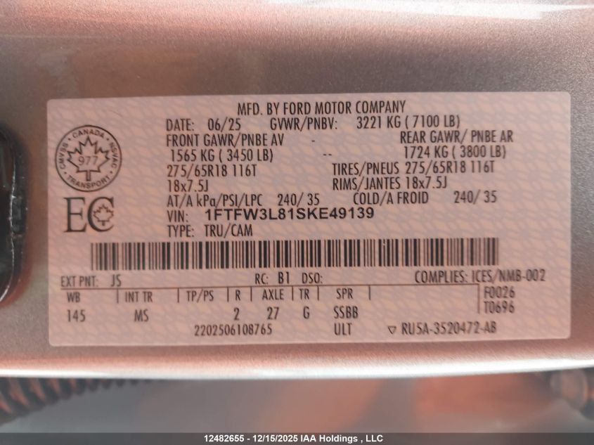 2025 Ford F150 Xlt VIN: 1FTFW3L81SKE49139 Lot: 12482655