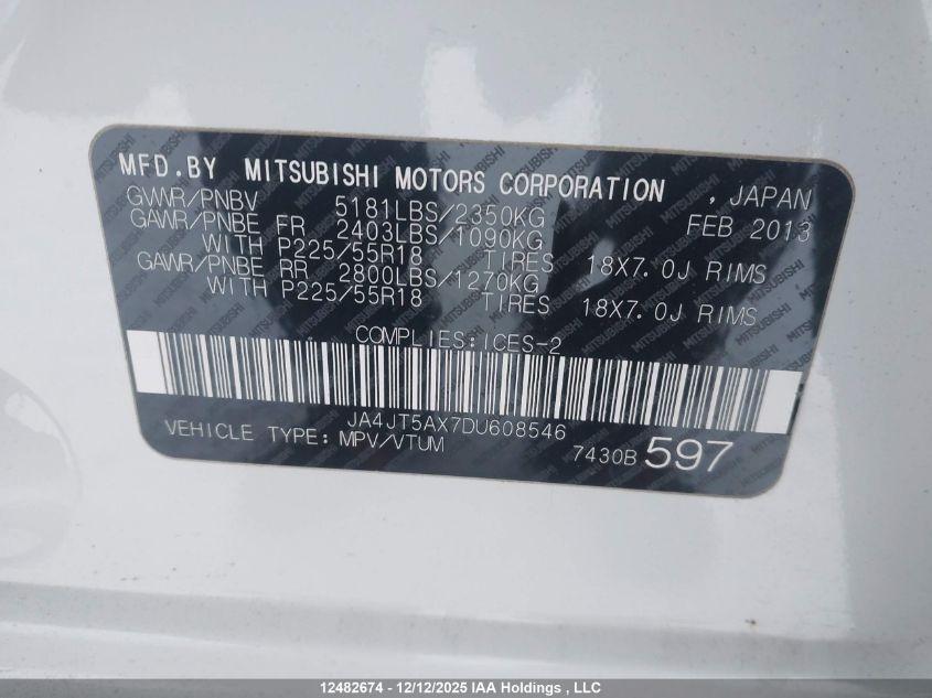 2013 Mitsubishi Outlander Xls VIN: JA4JT5AX7DU608546 Lot: 12482674