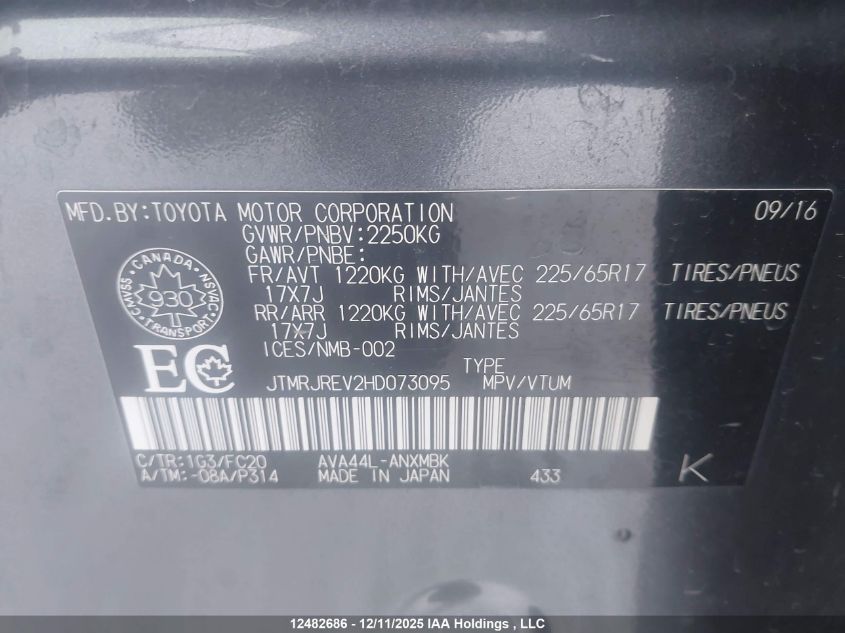2017 Toyota Rav4 Hybrid Le+ VIN: JTMRJREV2HD073095 Lot: 12482686