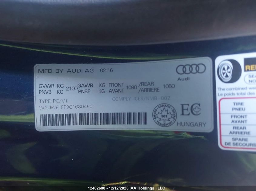 2016 Audi A3 2.0T Technik VIN: WAUW8LFF9G1080450 Lot: 12482688