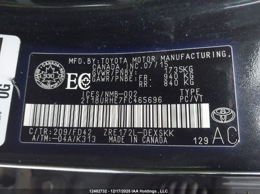2015 Toyota Corolla S VIN: 2T1BURHE7FC465696 Lot: 12482732