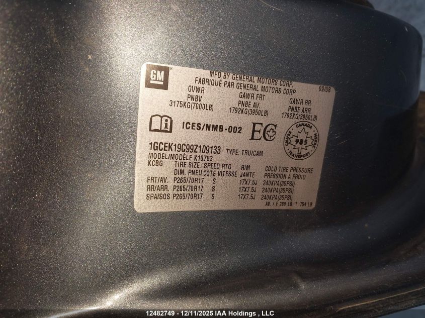 2009 Chevrolet Silverado K1500 VIN: 1GCEK19C99Z109133 Lot: 12482749