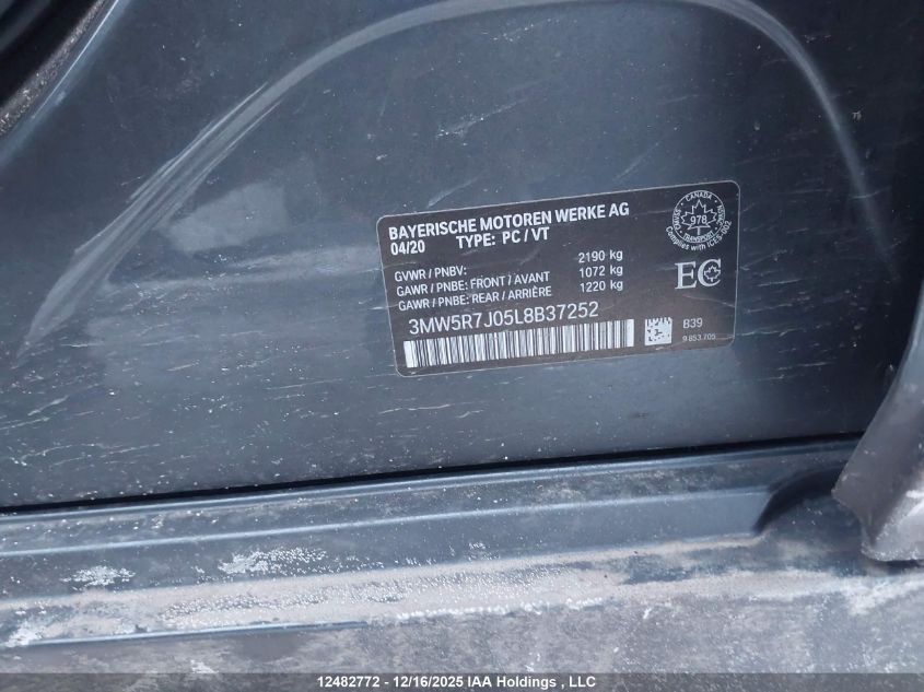2020 BMW 330Xi VIN: 3MW5R7J05L8B37252 Lot: 12482772