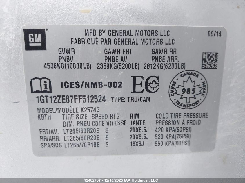 2015 GMC Sierra K2500 Slt VIN: 1GT12ZE87FF512524 Lot: 12482787