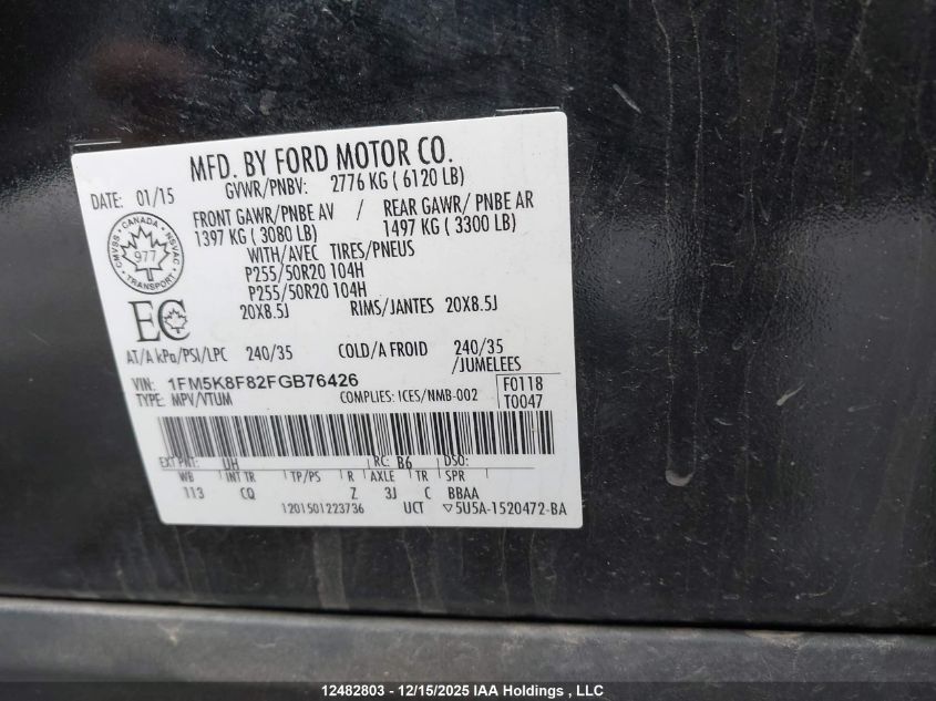 2015 Ford Explorer Limited VIN: 1FM5K8F82FGB76426 Lot: 12482803