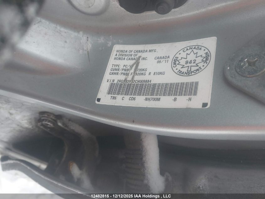 2012 Honda Civic Lx VIN: 2HGFB2F52CH009884 Lot: 12482815