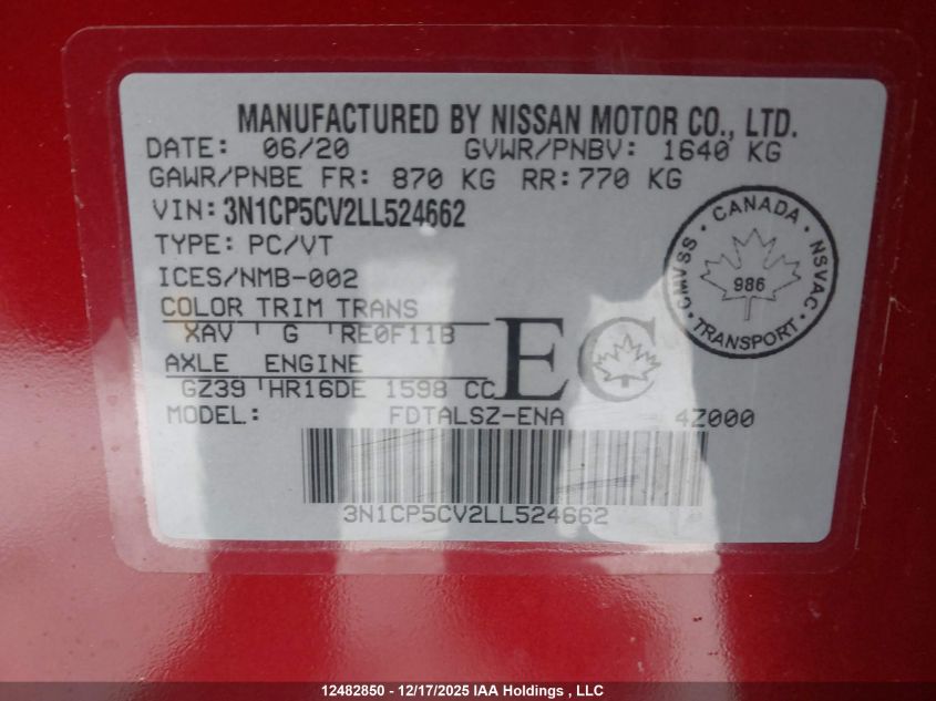 2020 Nissan Kicks Sv VIN: 3N1CP5CV2LL524662 Lot: 12482850