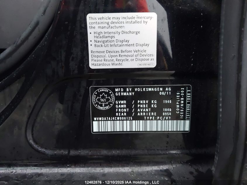 2012 Volkswagen Golf VIN: WVWDA7AJ4CW006125 Lot: 12482876