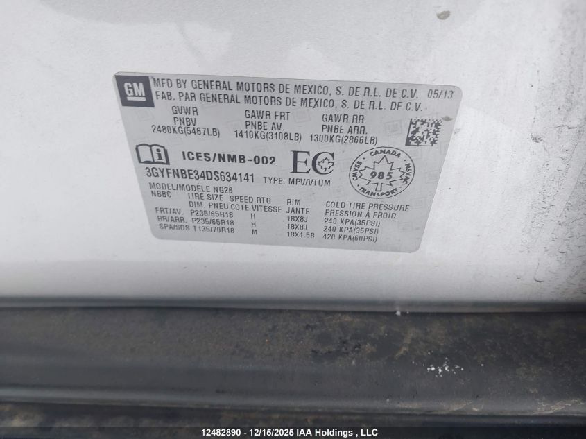 2013 Cadillac Srx VIN: 3GYFNBE34DS634141 Lot: 12482890