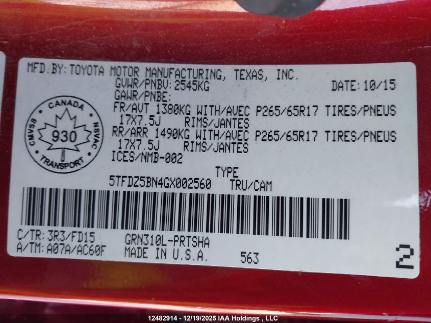 2016 Toyota Tacoma Dbl Cab/Sr5/Trd Sport/Or VIN: 5TFDZ5BN4GX002560 Lot: 12482914