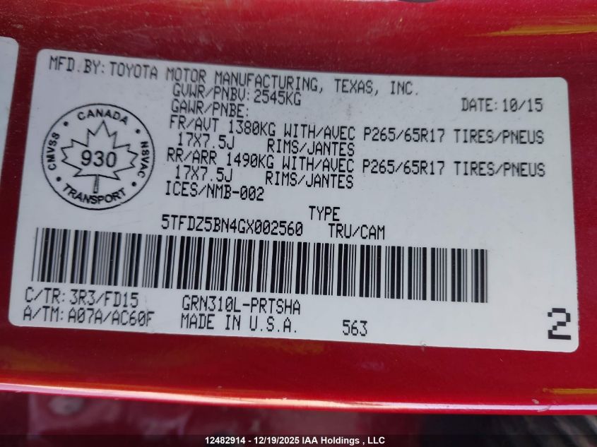 2016 Toyota Tacoma Dbl Cab/Sr5/Trd Sport/Or VIN: 5TFDZ5BN4GX002560 Lot: 12482914