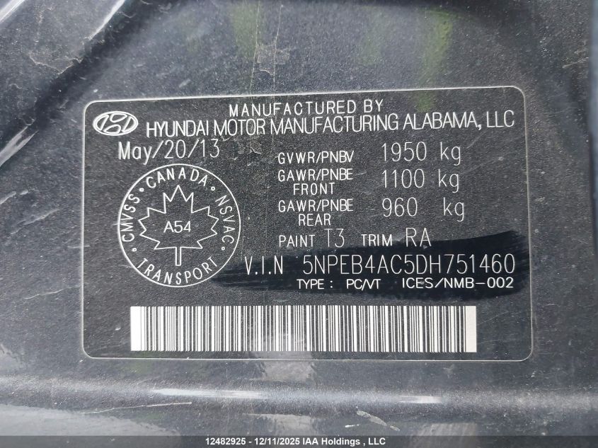 2013 Hyundai Sonata Gl/Gls VIN: 5NPEB4AC5DH751460 Lot: 12482925