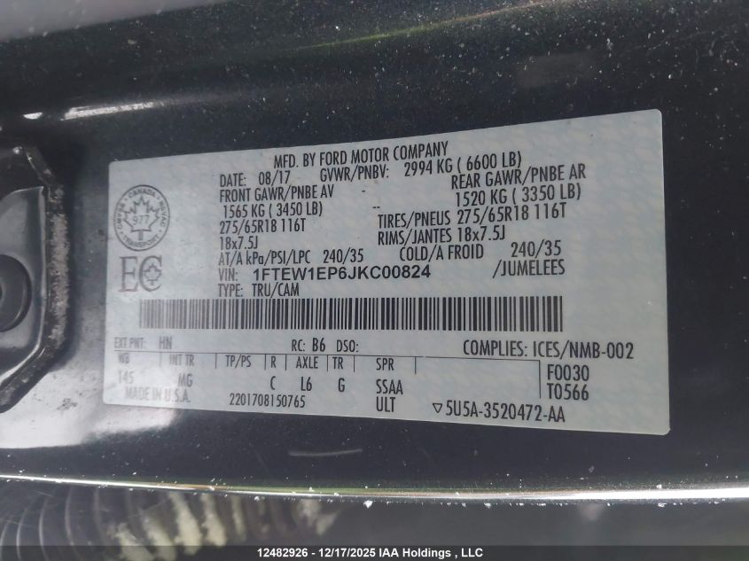 2018 Ford F150 Supercrew VIN: 1FTEW1EP6JKC00824 Lot: 12482926