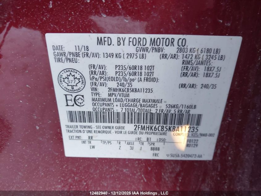 2019 Ford Flex Sel VIN: 2FMHK6C85KBA11235 Lot: 12482940