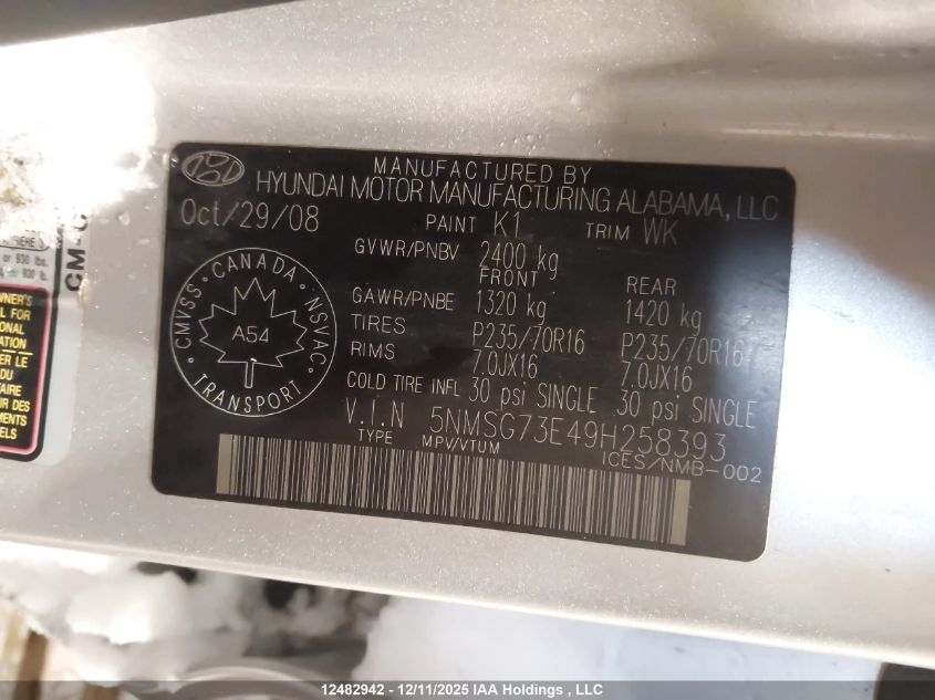 2009 Hyundai Santa Fe Gl/Gls VIN: 5NMSG73E49H258393 Lot: 12482942