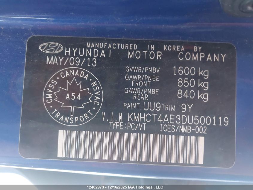 2013 Hyundai Accent L VIN: KMHCT4AE3DU500119 Lot: 12482973