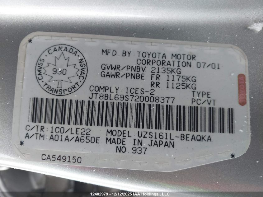 2002 Lexus Gs 430 V8 VIN: JT8BL69S720008377 Lot: 12482979