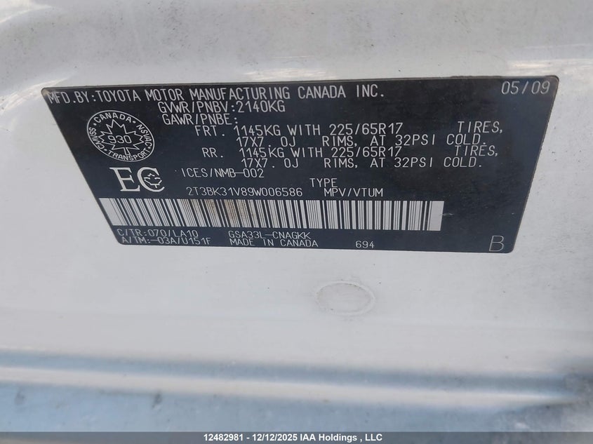 2T3BK31V89W006586 2009 TOYOTA RAV 4 photo no. 9