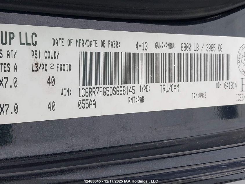 2013 Ram 1500 St VIN: 1C6RR7FG5DS668145 Lot: 12483045