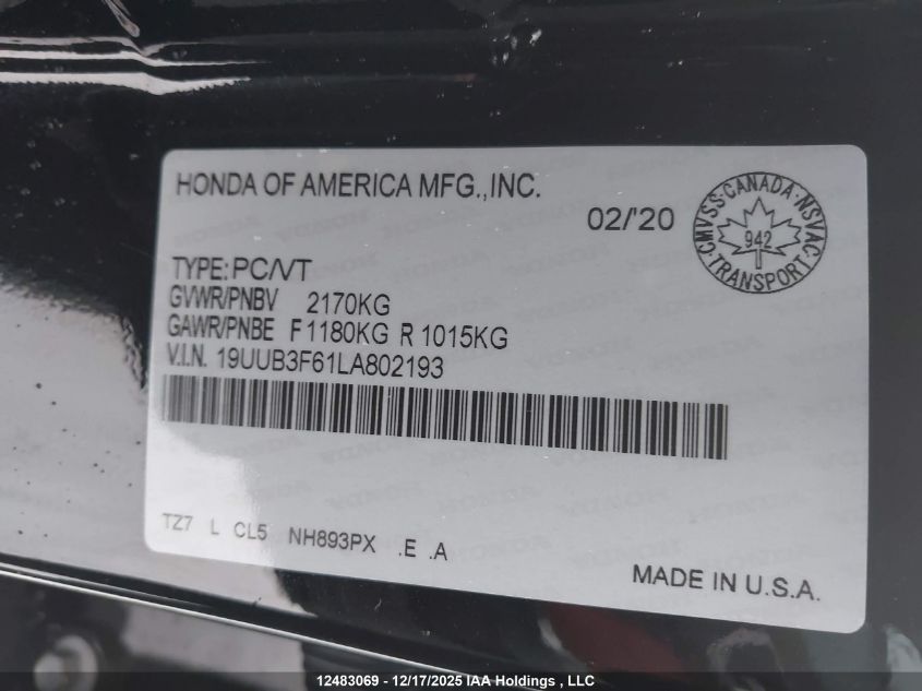 2020 Acura Tlx Tech A-Spec/Tech A-Spec Pmc Edition VIN: 19UUB3F61LA802193 Lot: 12483069