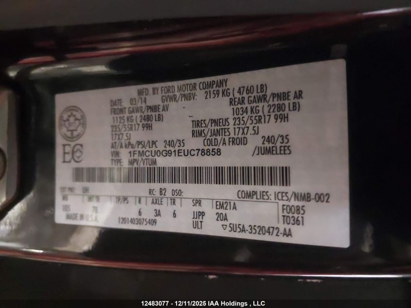 2014 Ford Escape Se VIN: 1FMCU0G91EUC78858 Lot: 12483077