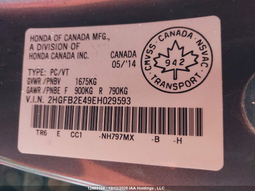 2014 Honda Civic Lx VIN: 2HGFB2E49EH029593 Lot: 12483104