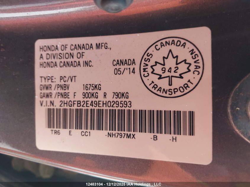 2014 Honda Civic Lx VIN: 2HGFB2E49EH029593 Lot: 12483104