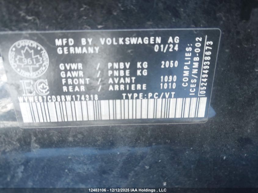 2024 Volkswagen Golf R VIN: WVWEB7CD8RW174318 Lot: 12483106