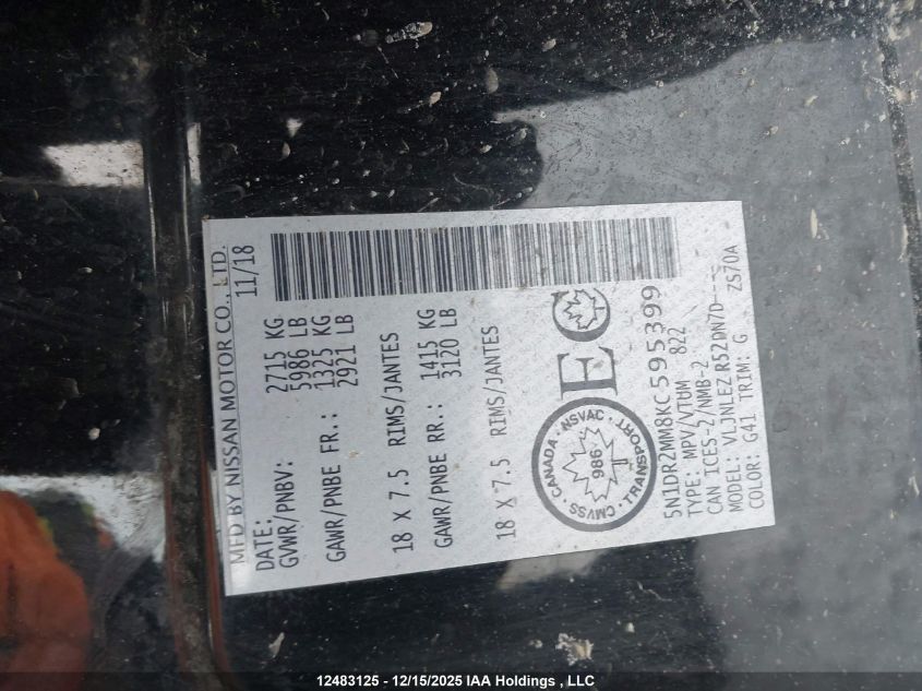 2019 Nissan Pathfinder S/Sl/Sv/Platinum VIN: 5N1DR2MM8KC595399 Lot: 12483125