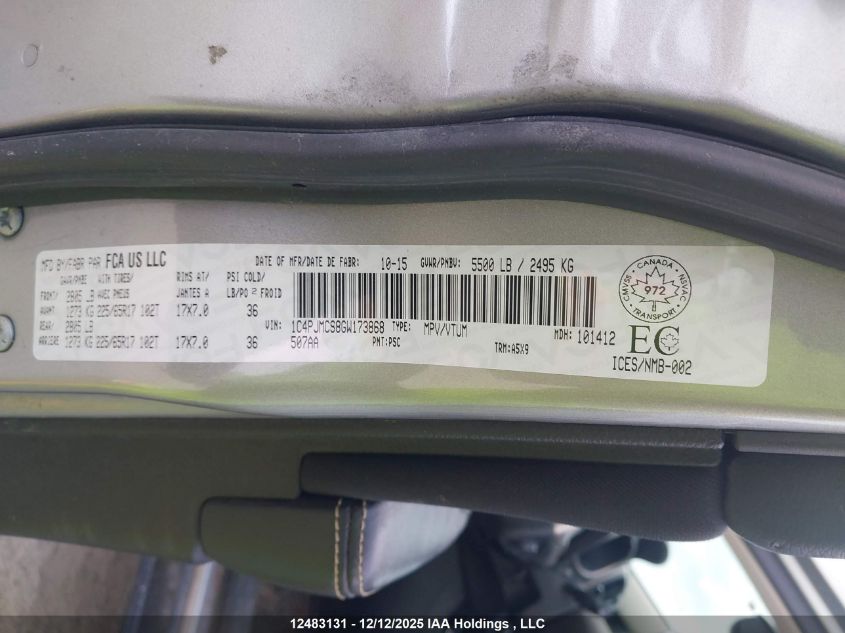 2016 Jeep Cherokee North VIN: 1C4PJMCS8GW173868 Lot: 12483131