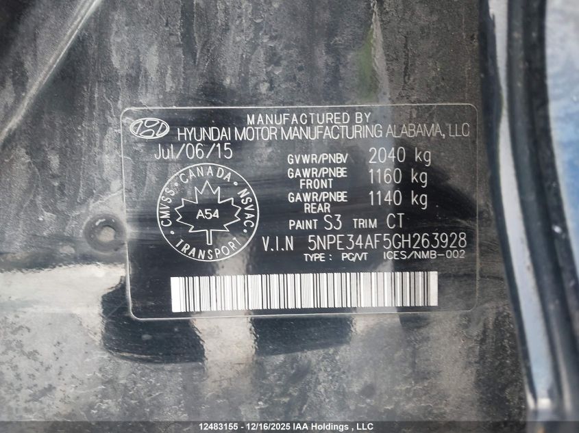 2016 Hyundai Sonata Sport Tech VIN: 5NPE34AF5GH263928 Lot: 12483155