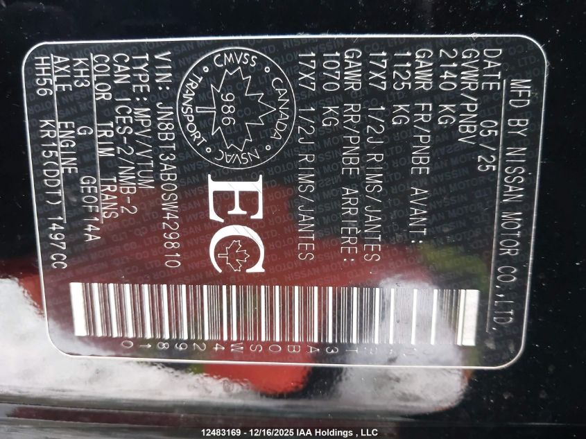 2025 Nissan Rogue S VIN: JN8BT3AB0SW429810 Lot: 12483169