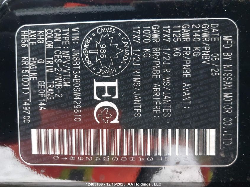 2025 Nissan Rogue S VIN: JN8BT3AB0SW429810 Lot: 12483169