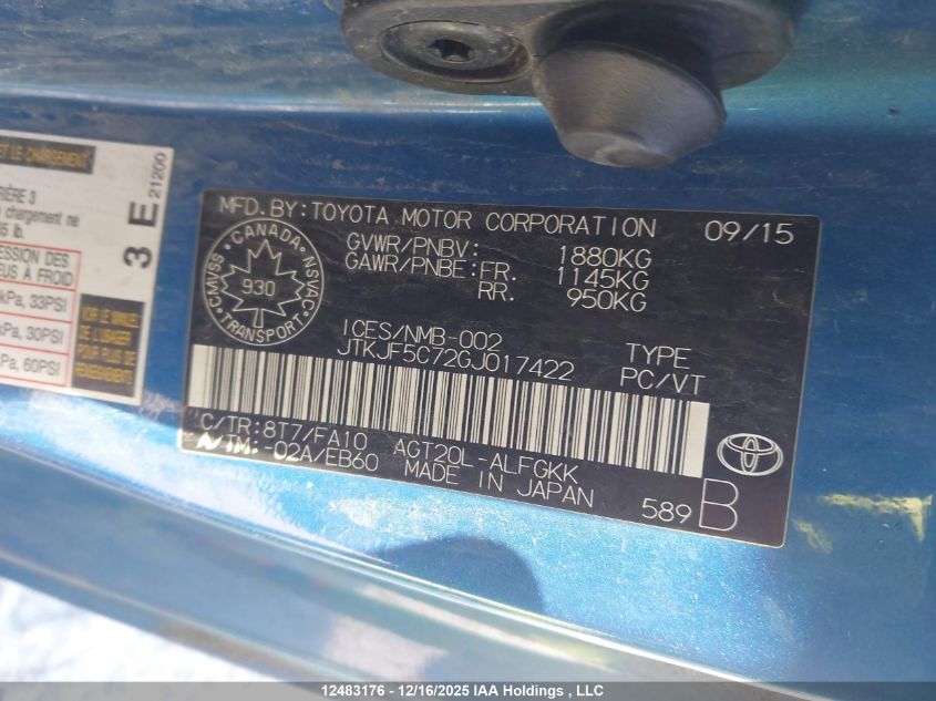 2016 Scion Tc VIN: JTKJF5C72GJ017422 Lot: 12483176