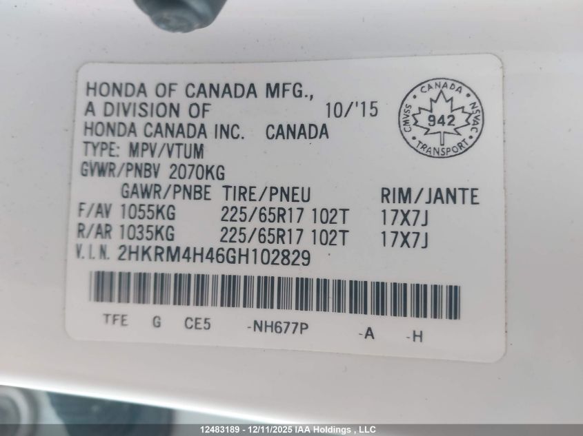 2016 Honda Cr-V Se VIN: 2HKRM4H46GH102829 Lot: 12483189