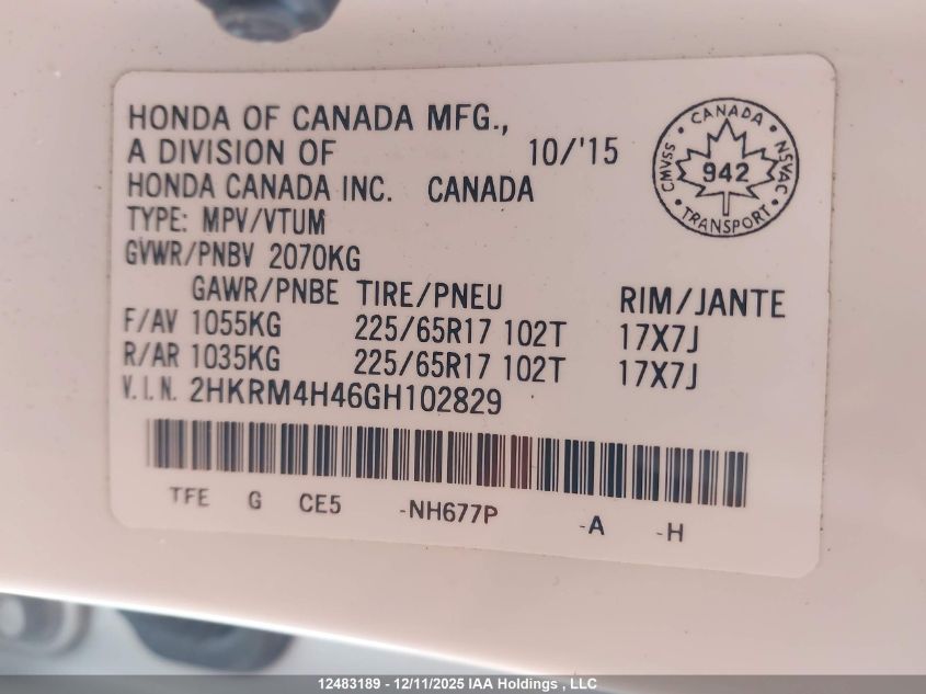 2016 Honda Cr-V Se VIN: 2HKRM4H46GH102829 Lot: 12483189