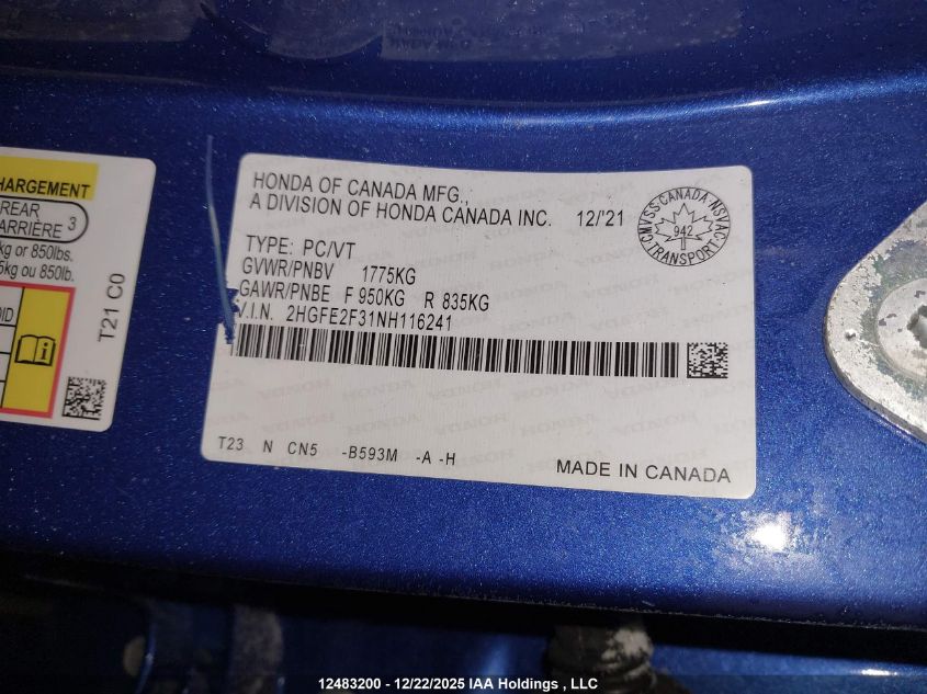 2022 Honda Civic Ex VIN: 2HGFE2F31NH116241 Lot: 12483200